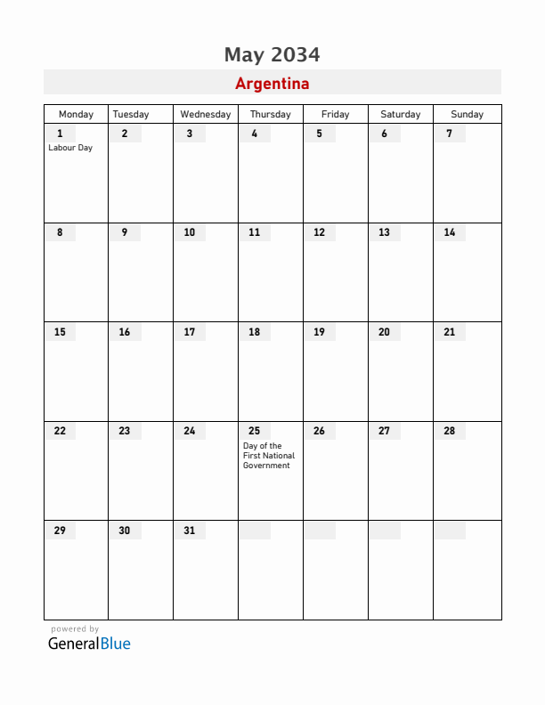 Argentina May 2034 Calendar with Holidays