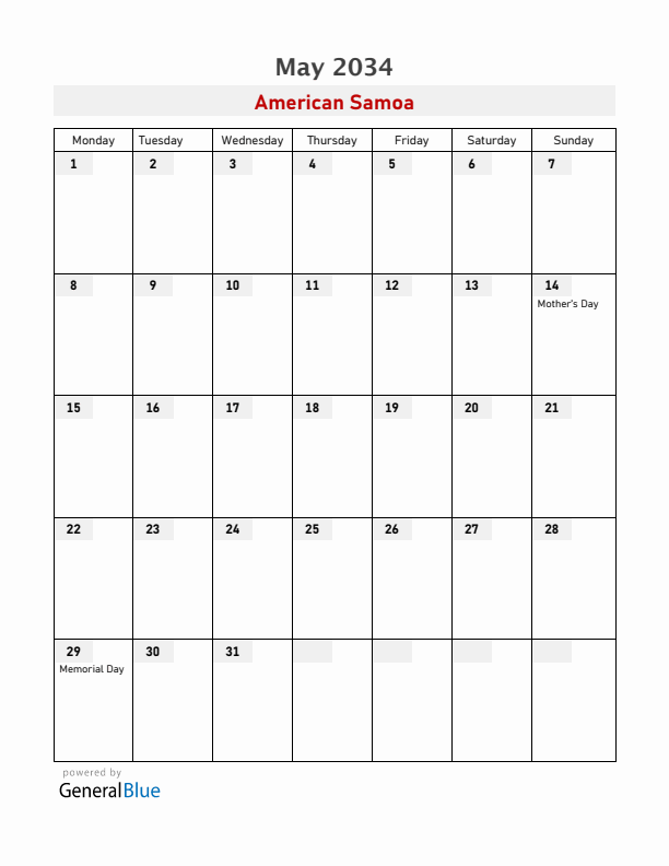 American Samoa May 2034 Calendar with Holidays