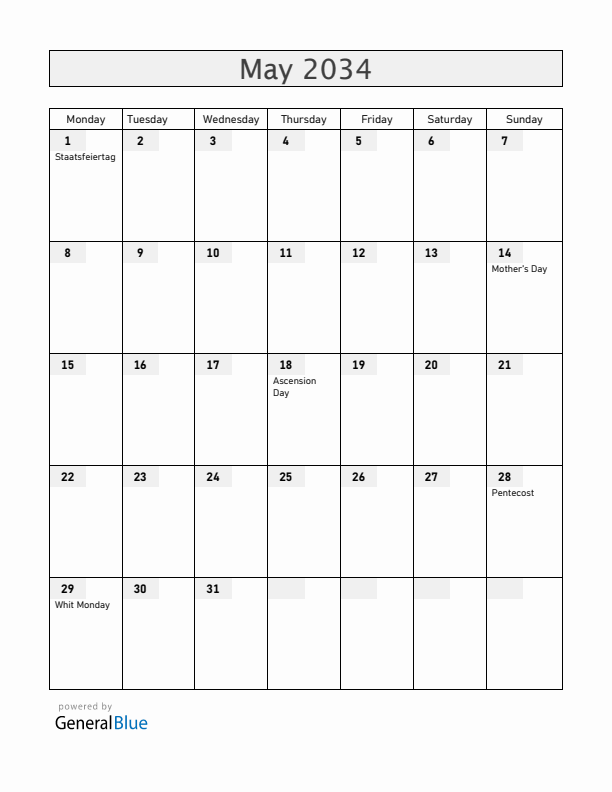 Austria May 2034 Calendar with Holidays