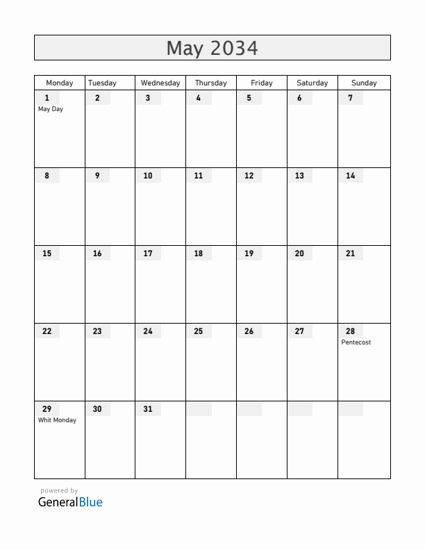 Barbados May 2034 Calendar with Holidays