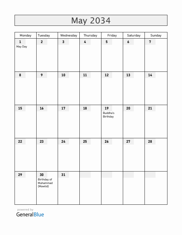 Bangladesh May 2034 Calendar with Holidays