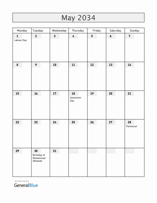 Burkina Faso May 2034 Calendar with Holidays