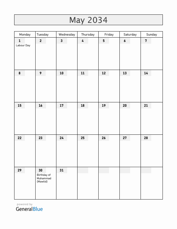 Bahrain May 2034 Calendar with Holidays