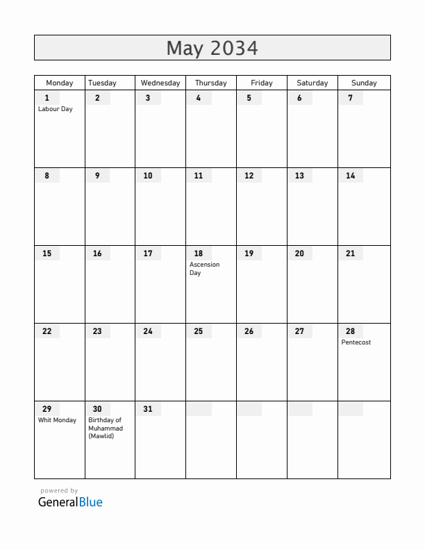 Benin May 2034 Calendar with Holidays