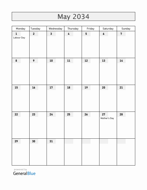 Bolivia May 2034 Calendar with Holidays