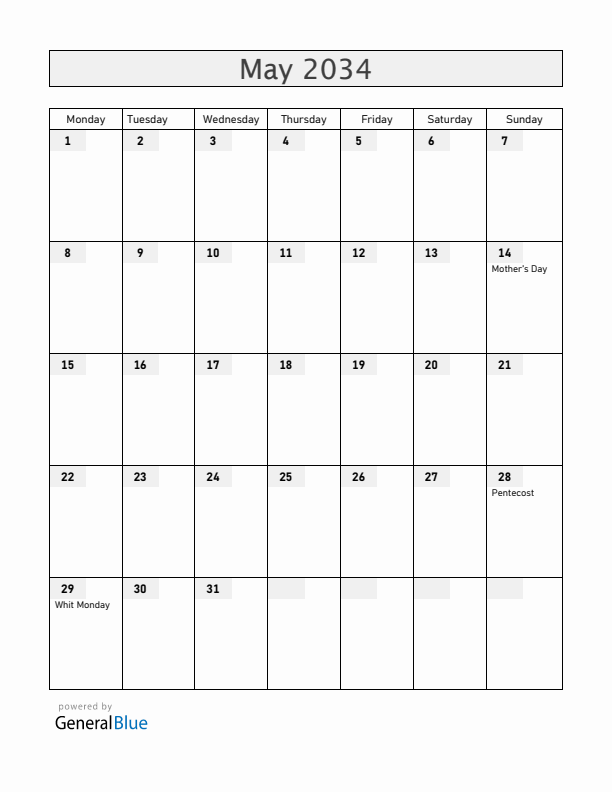Bahamas May 2034 Calendar with Holidays