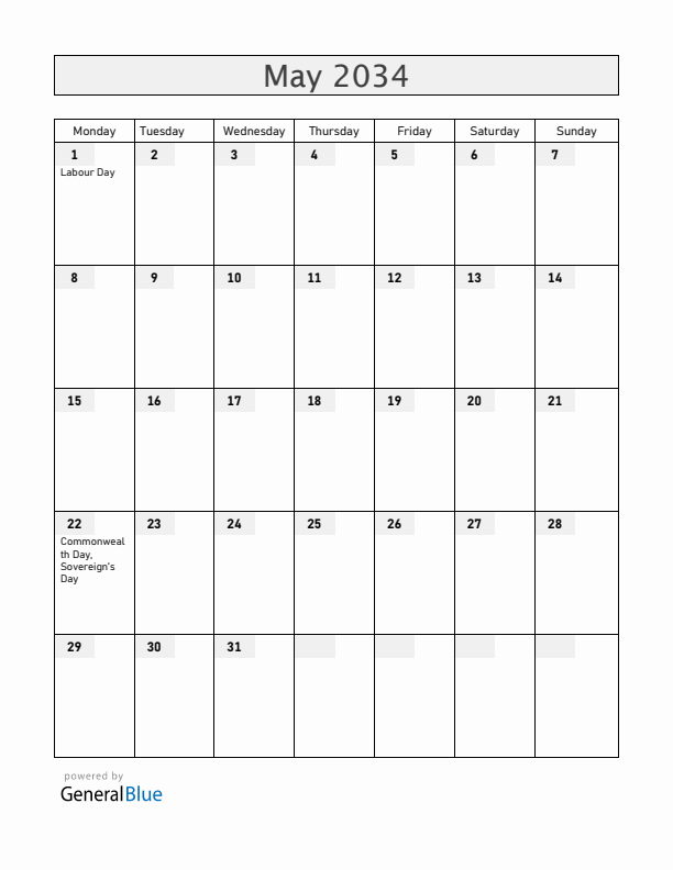 Belize May 2034 Calendar with Holidays