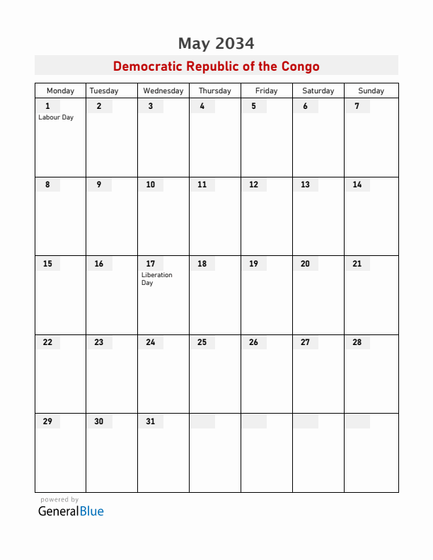 Democratic Republic of the Congo May 2034 Calendar with Holidays