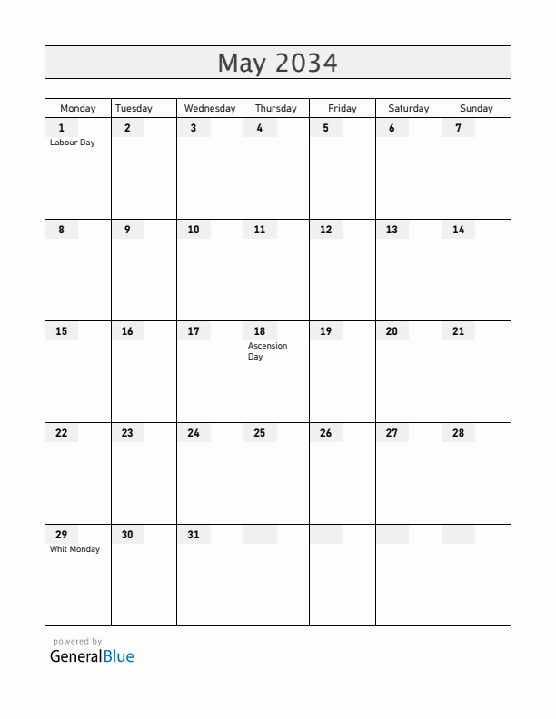 Central African Republic May 2034 Calendar with Holidays