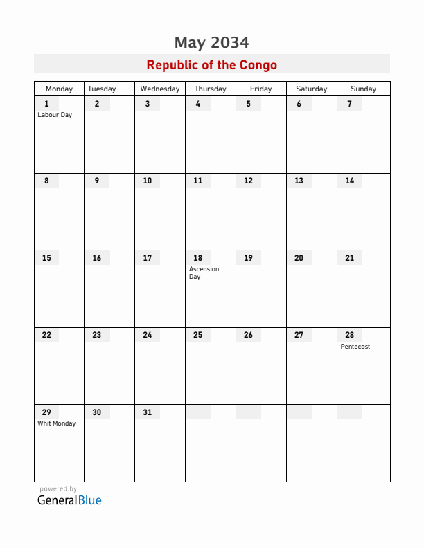 Republic of the Congo May 2034 Calendar with Holidays