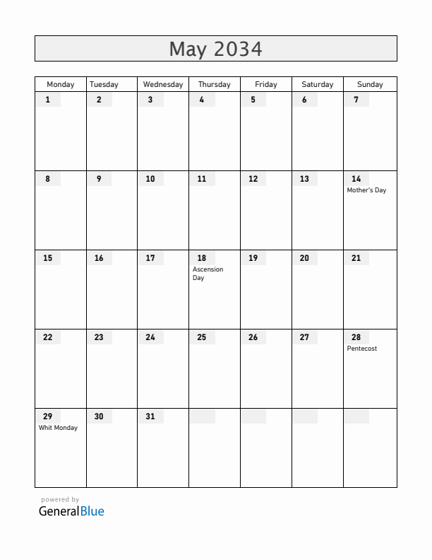 Switzerland May 2034 Calendar with Holidays