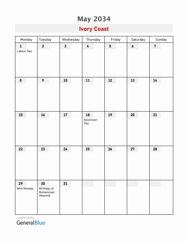 Ivory Coast May 2034 Calendar with Holidays