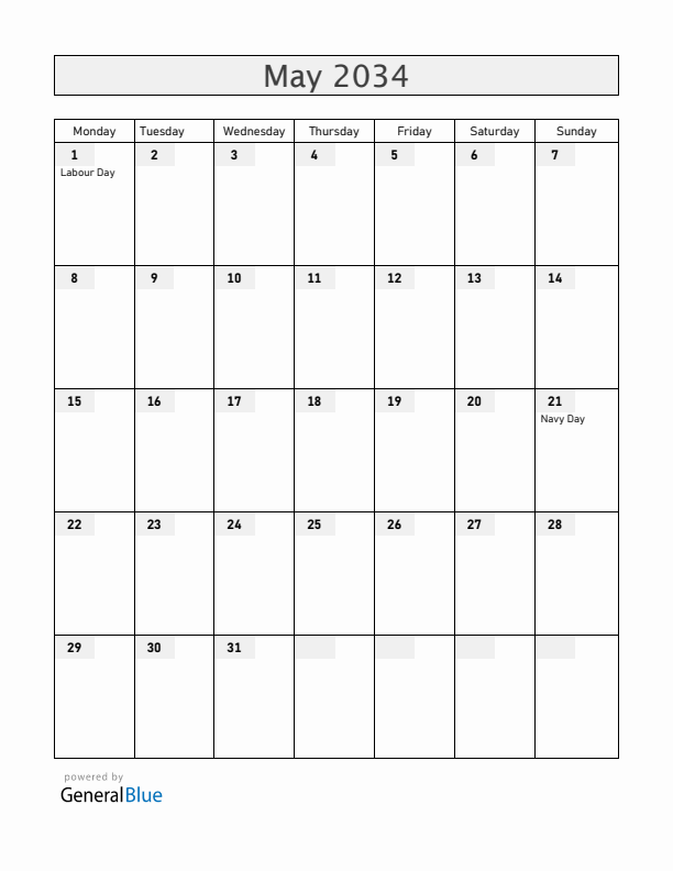 Chile May 2034 Calendar with Holidays
