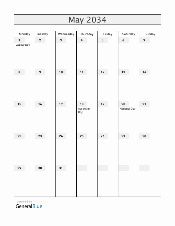 Cameroon May 2034 Calendar with Holidays