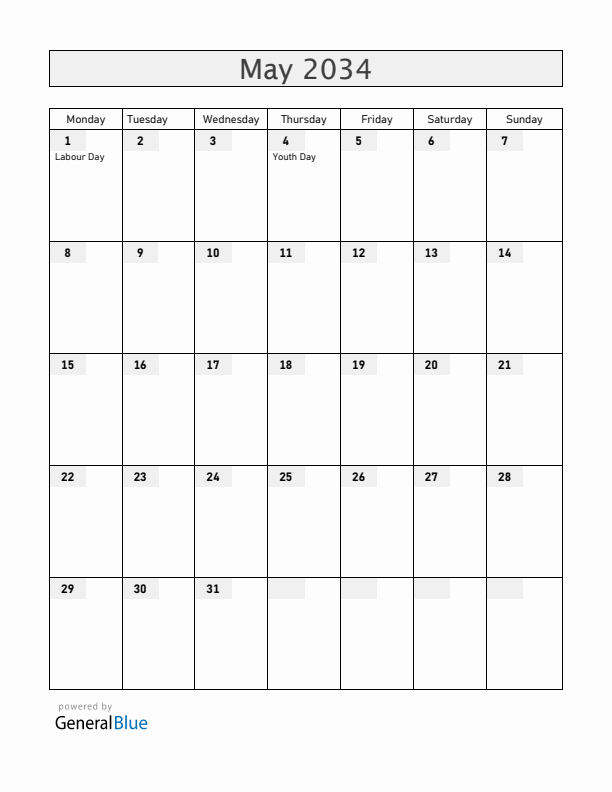 China May 2034 Calendar with Holidays
