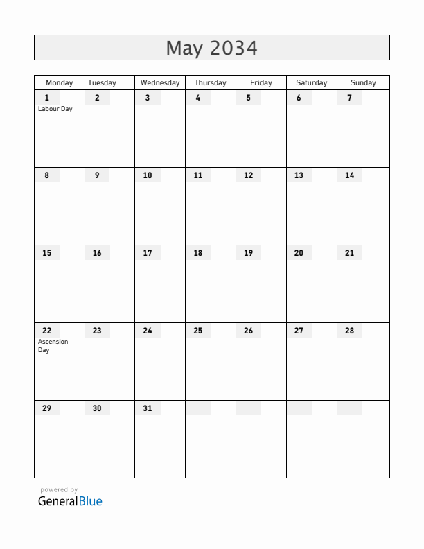 Colombia May 2034 Calendar with Holidays