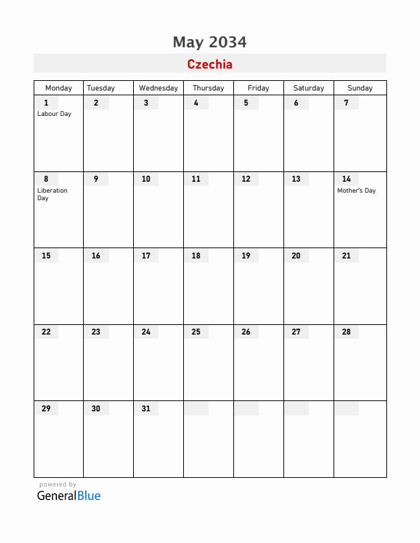 Czechia May 2034 Calendar with Holidays