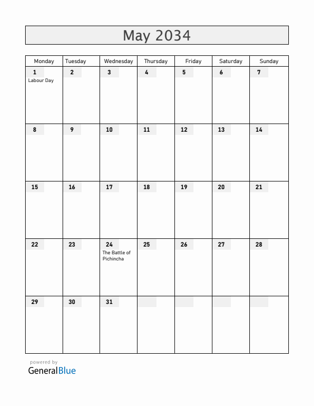 Ecuador May 2034 Calendar with Holidays