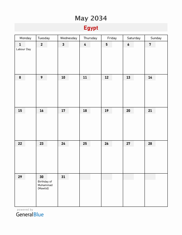 Egypt May 2034 Calendar with Holidays