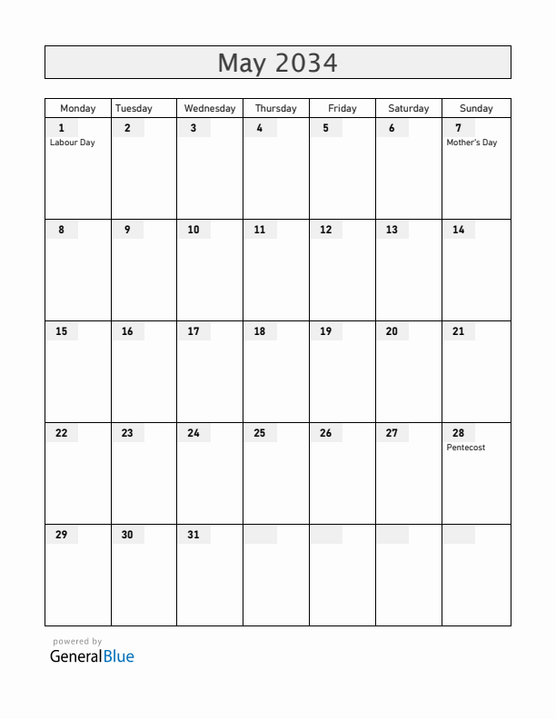 Spain May 2034 Calendar with Holidays