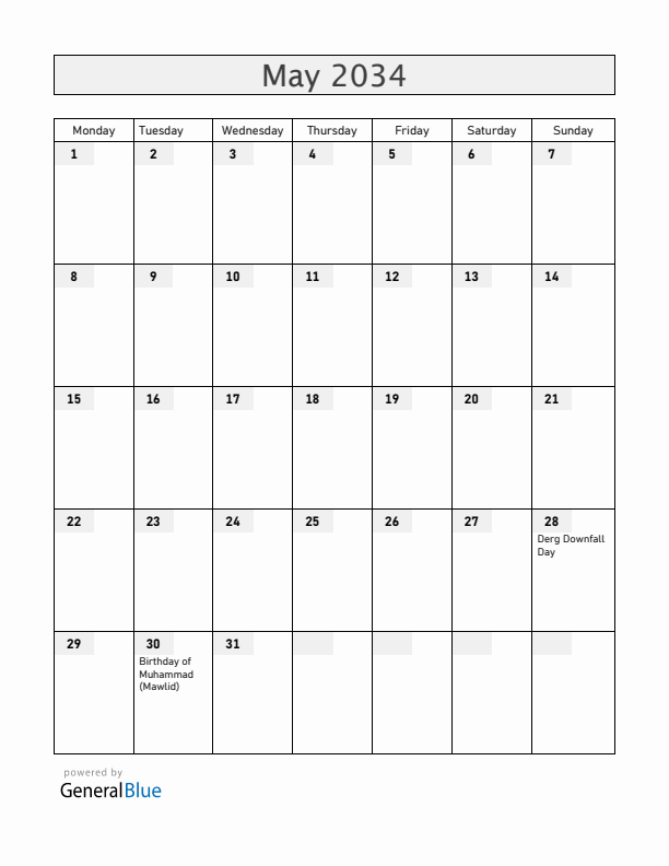 Ethiopia May 2034 Calendar with Holidays