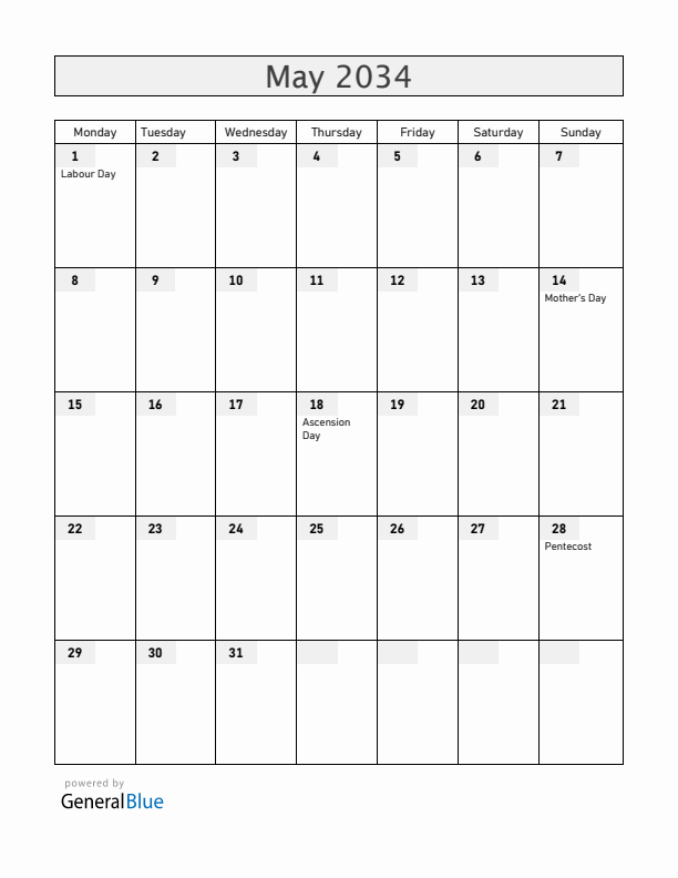 Finland May 2034 Calendar with Holidays