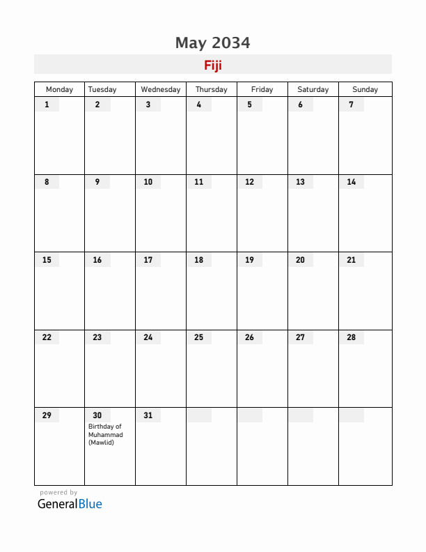 Fiji May 2034 Calendar with Holidays