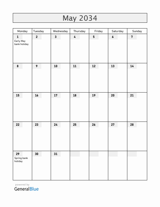 United Kingdom May 2034 Calendar with Holidays