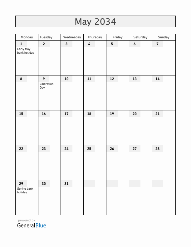 Guernsey May 2034 Calendar with Holidays