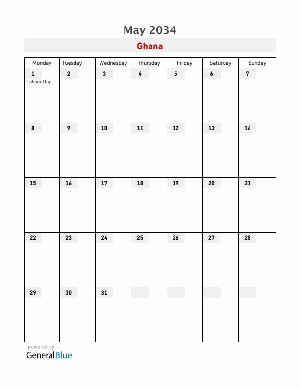 Ghana May 2034 Calendar with Holidays