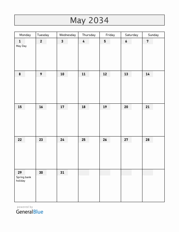 Gibraltar May 2034 Calendar with Holidays