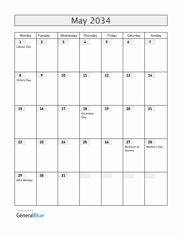 Guadeloupe May 2034 Calendar with Holidays