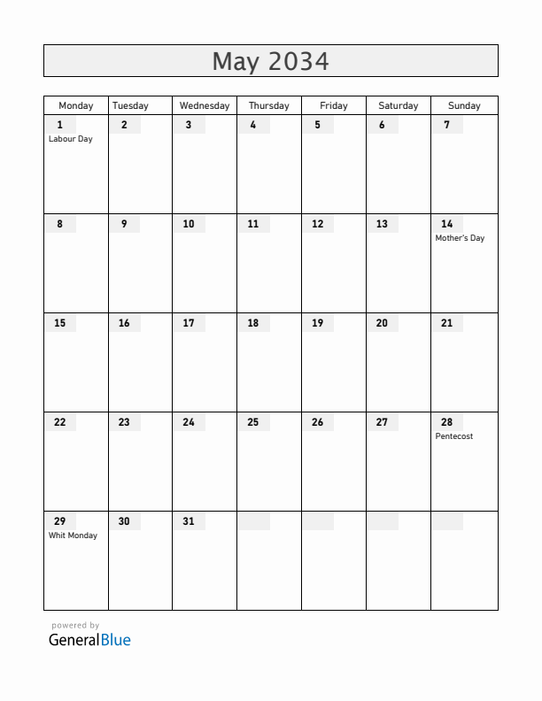 Greece May 2034 Calendar with Holidays