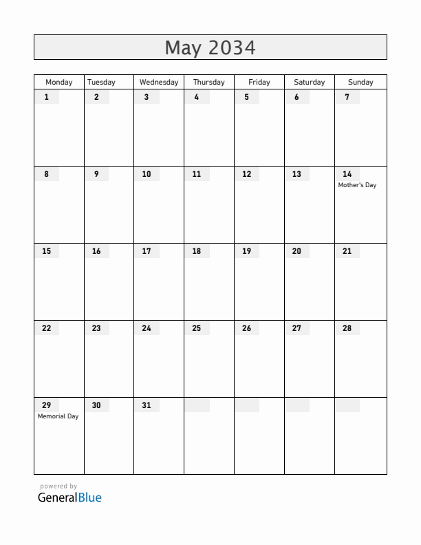 Guam May 2034 Calendar with Holidays