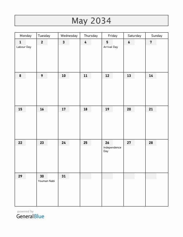 Guyana May 2034 Calendar with Holidays