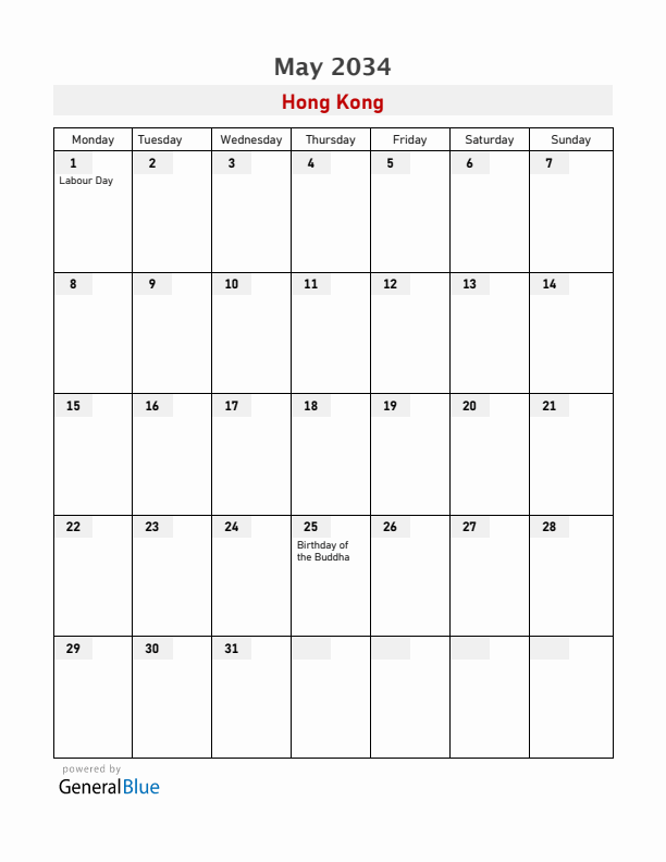 Hong Kong May 2034 Calendar with Holidays