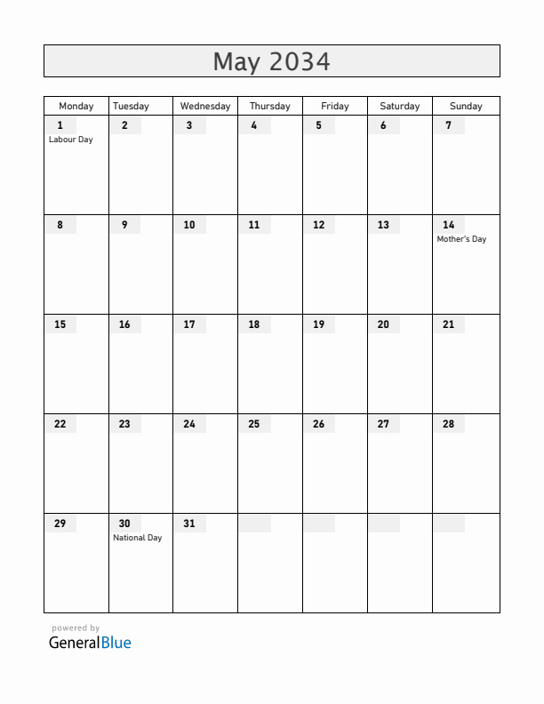 Croatia May 2034 Calendar with Holidays