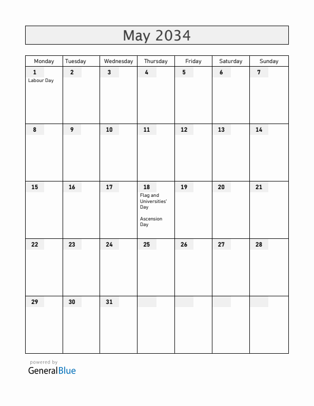 Haiti May 2034 Calendar with Holidays