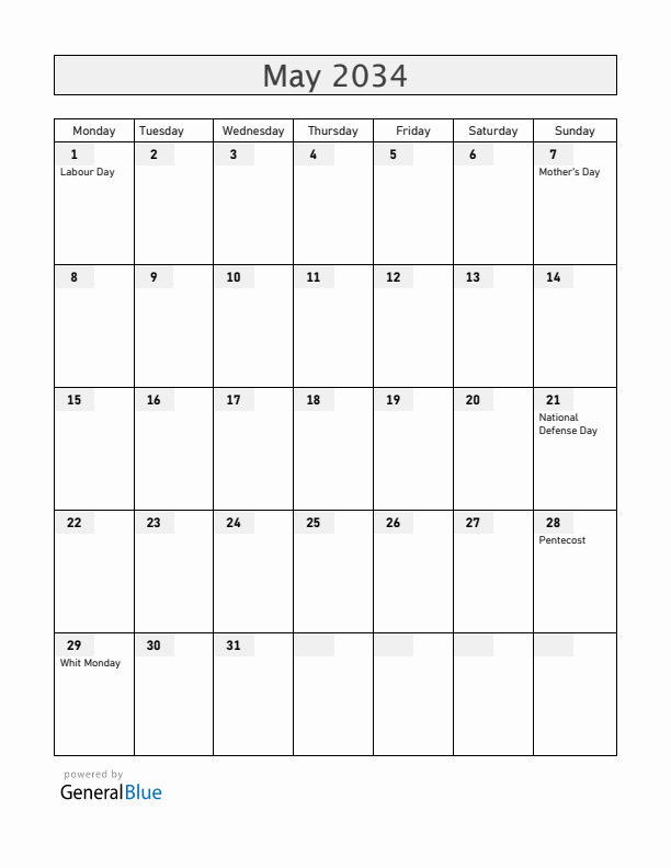 Hungary May 2034 Calendar with Holidays