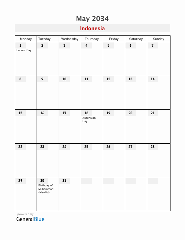 Indonesia May 2034 Calendar with Holidays