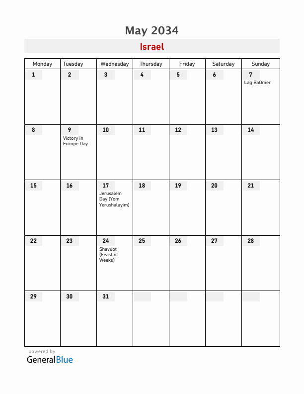 Israel May 2034 Calendar with Holidays