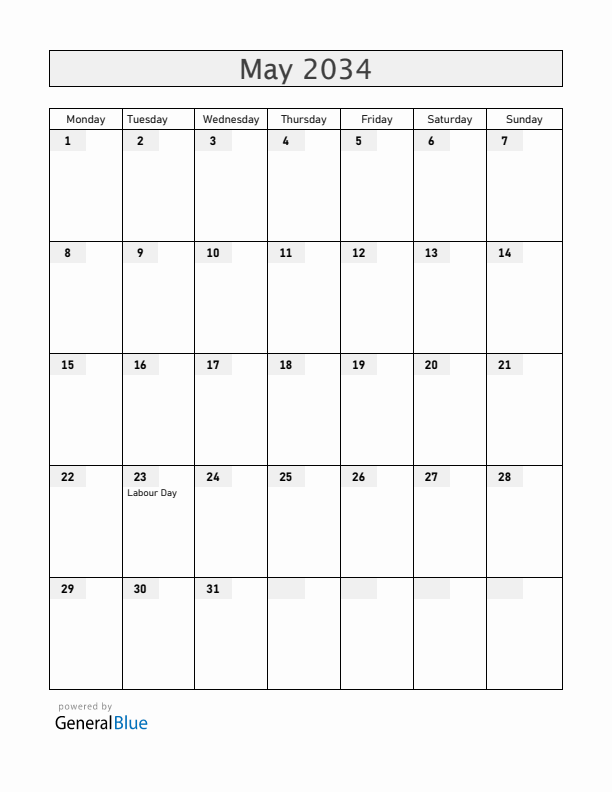 Jamaica May 2034 Calendar with Holidays