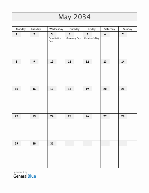 Japan May 2034 Calendar with Holidays