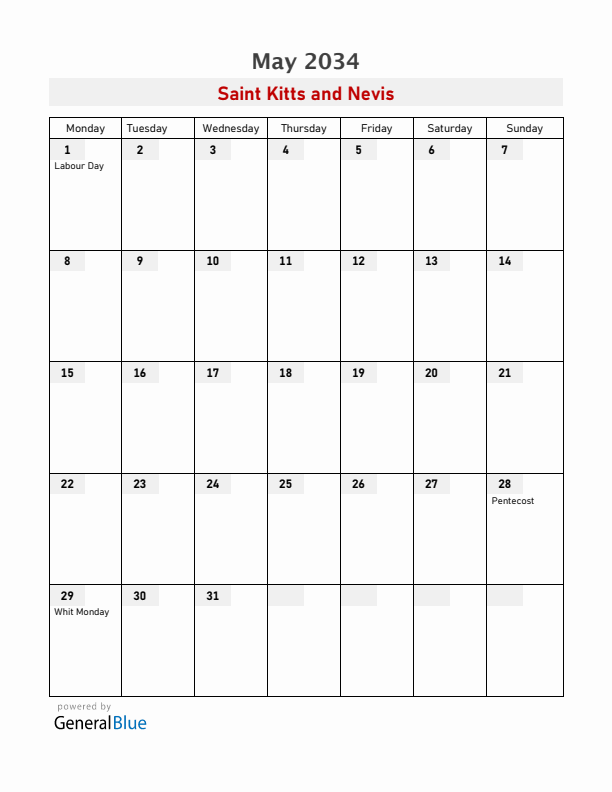 Saint Kitts and Nevis May 2034 Calendar with Holidays