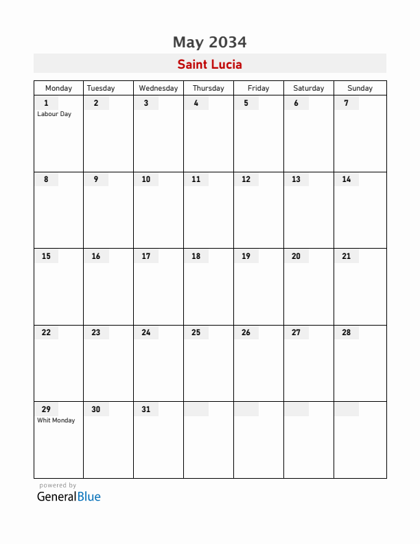 Saint Lucia May 2034 Calendar with Holidays