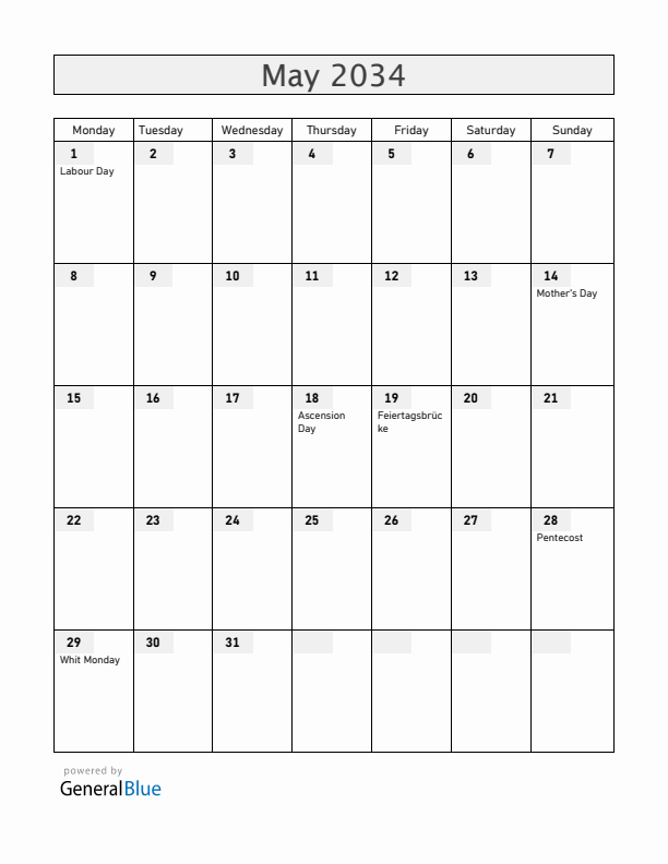 Liechtenstein May 2034 Calendar with Holidays
