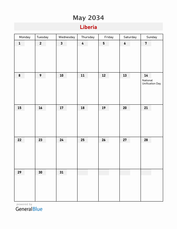 Liberia May 2034 Calendar with Holidays