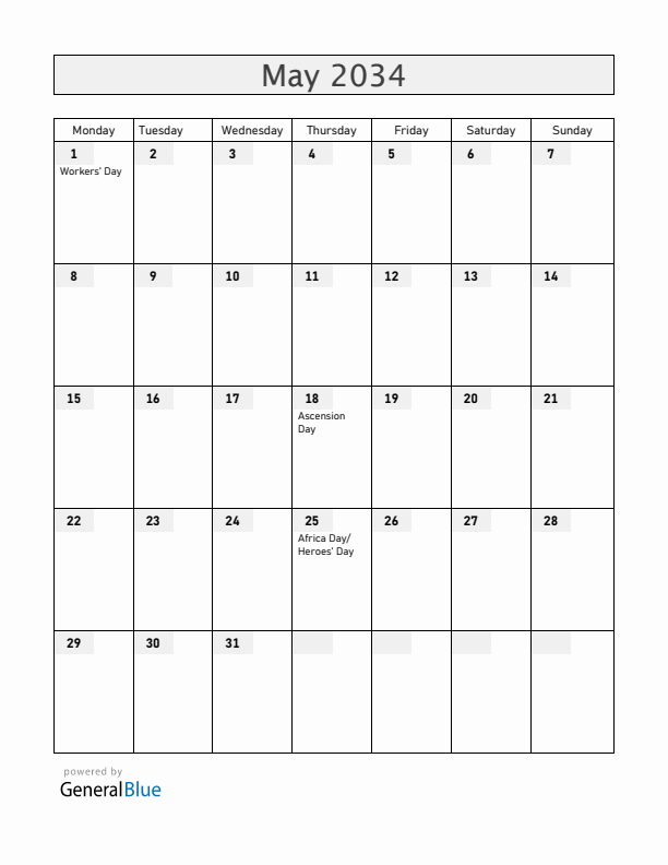 Lesotho May 2034 Calendar with Holidays