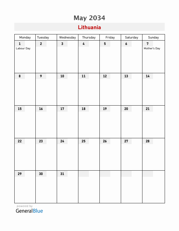 Lithuania May 2034 Calendar with Holidays
