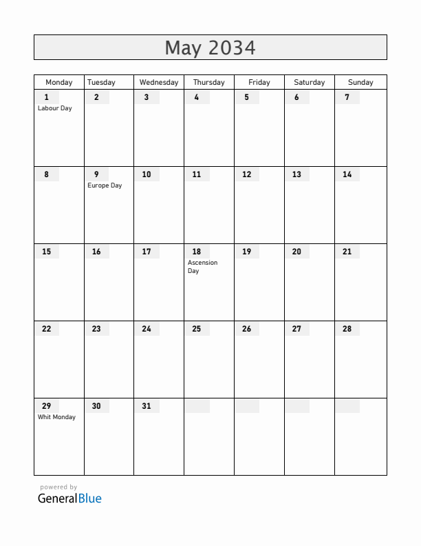 Luxembourg May 2034 Calendar with Holidays